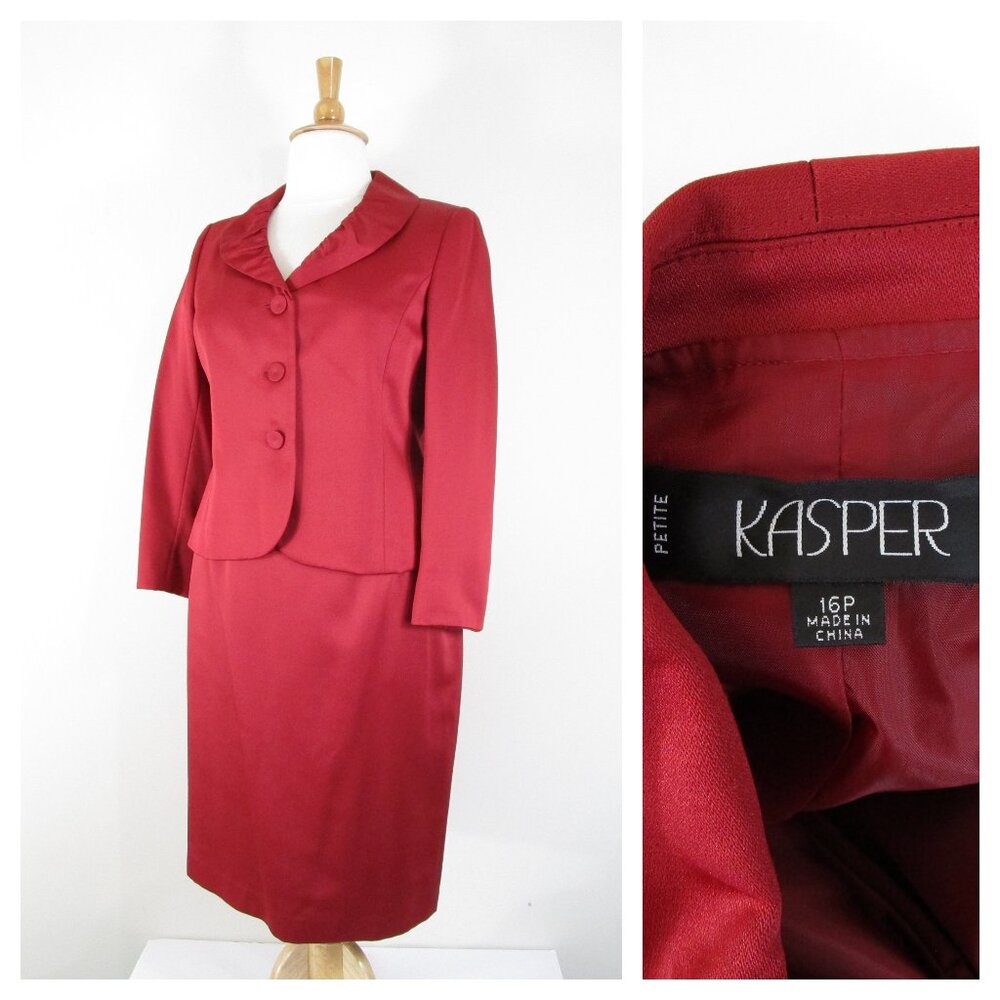 Kasper Plus Size Petite Solid Red Skirt Suit Size 16P Formal Business Career